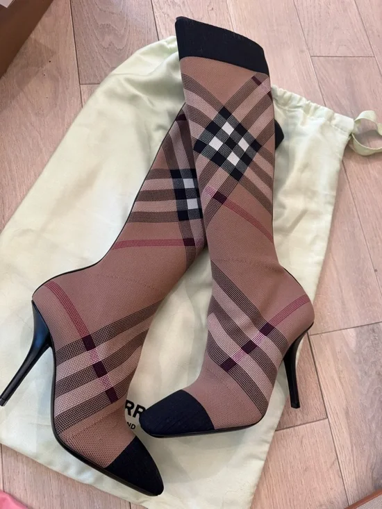 Burberry Tan and Black Check Stretch Sock Booties - Picture 7 of 10